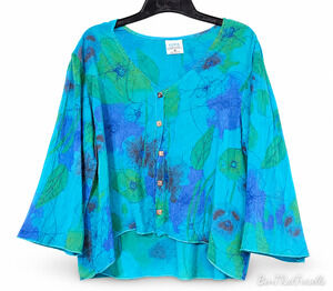Vintage CLICK Blue Floral Cupro Rayon Button Front Boho Artsy Blouse Top USA S